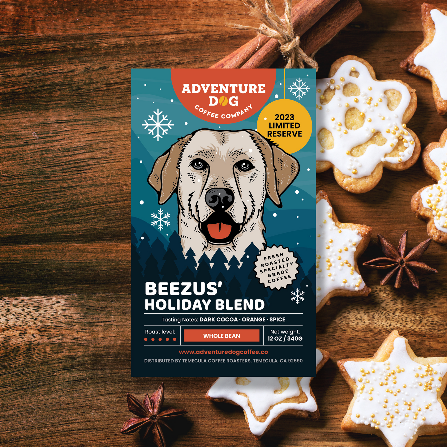 Beezus' Holiday Blend coffee over a holiday cookies and spices.