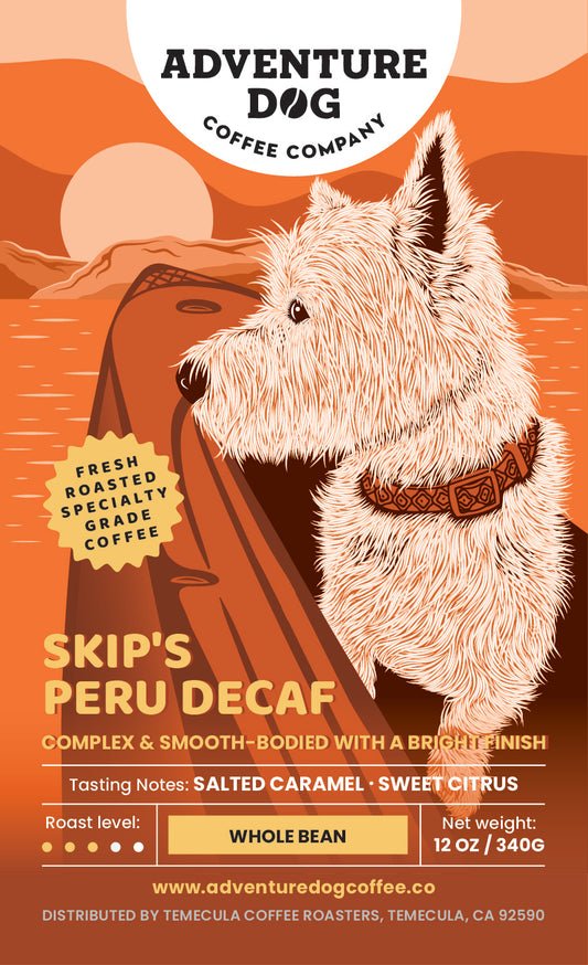 Skip the Westhighland Terrier featured on the label of Skip's Single Origin Peru Decaf Coffee, described as full-bodied, low-acid coffee with floral aroma and salted caramel overtones.